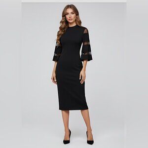 Mesh Sleeve Split Hem Fitted Dress Black